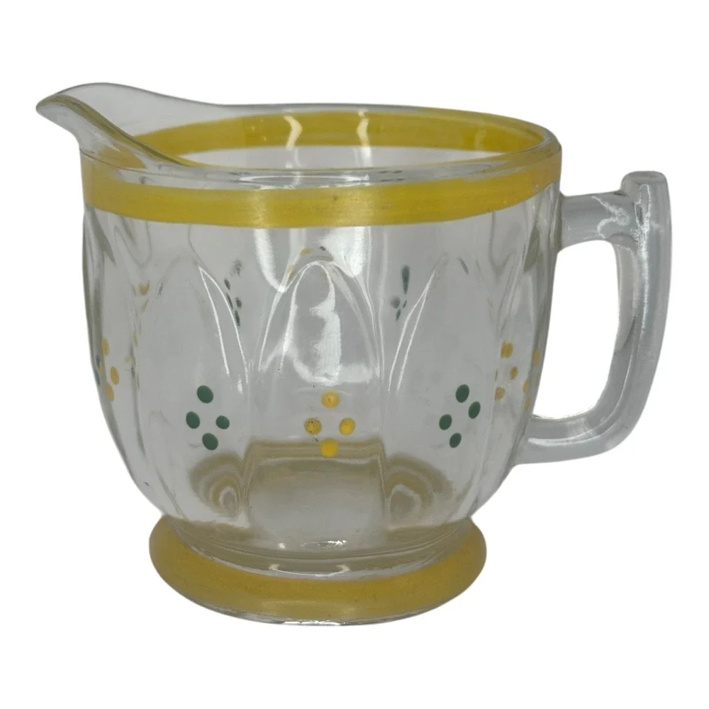 Vintage Hand Painted Glass Creamer Pitcher Yellow Green Dots Paneled Clear Glass